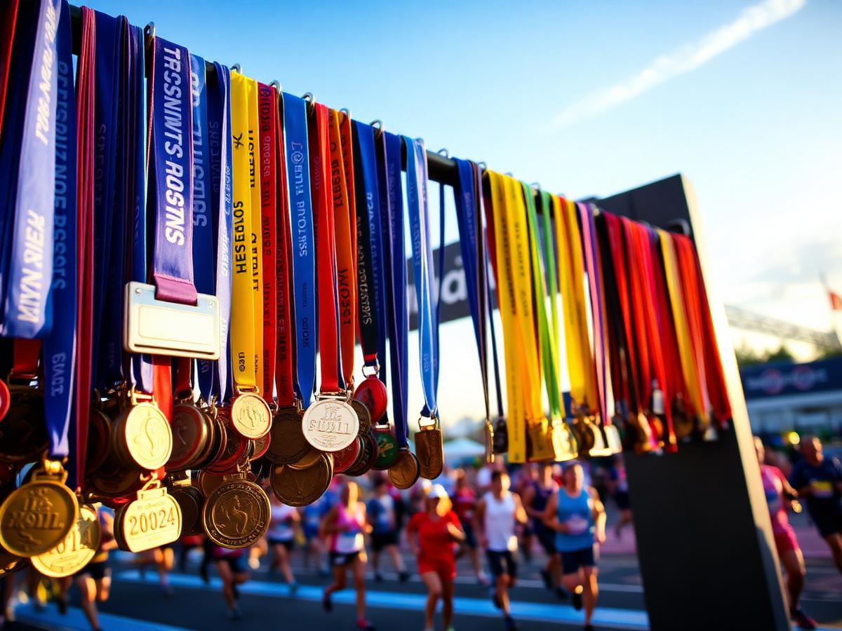 Rows of colorful finisher medals at a race finish line