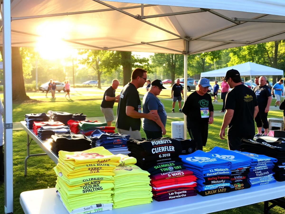 Race shirts arranged at an outdoor packet pickup